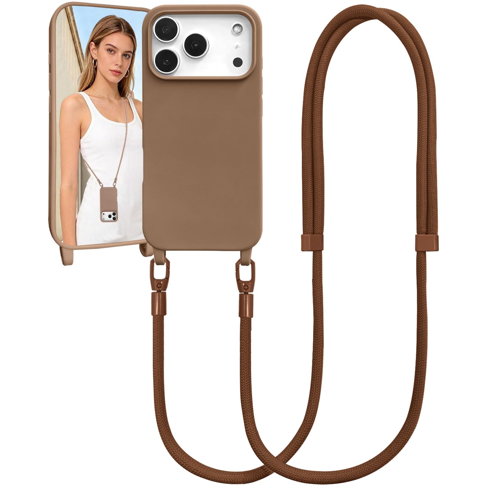 Etui na telefon komórkowy iPhone 17 Pro, bumper, ze sznurkiem na szyję, etui ochronne ze sznurkiem na szyję, silikonowe, z regulowanym sznurkiem, miękkie tworzywo TPU, kolor mleczna