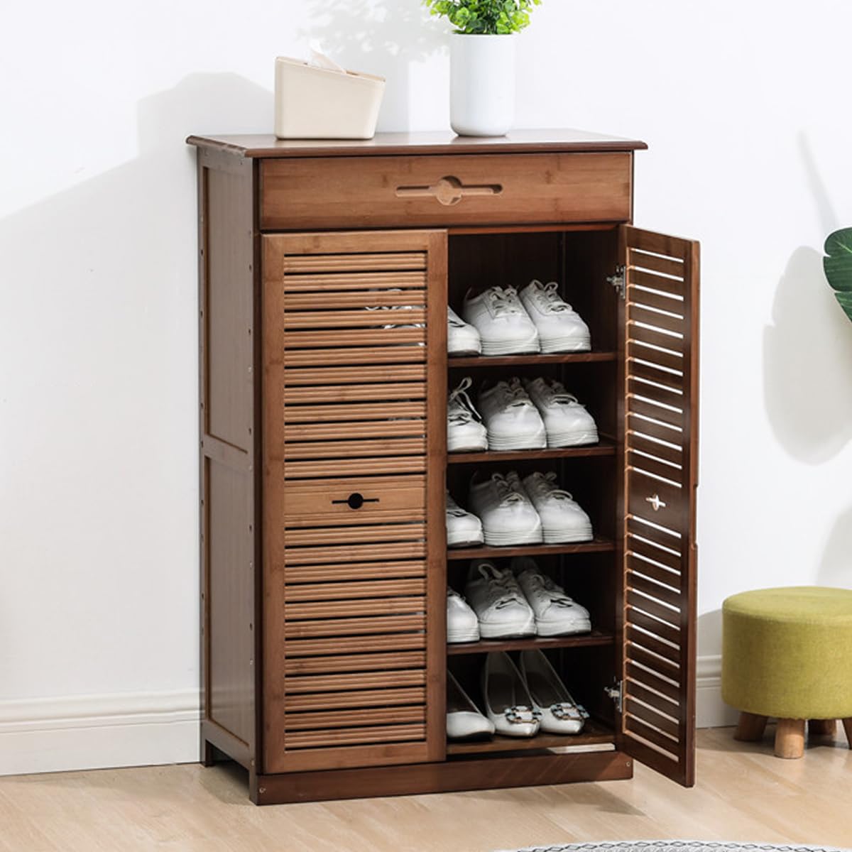 Amazon.com: Gdrasuya10 Bamboo Shoe Cabinet 2 Doors Shoe Organizer