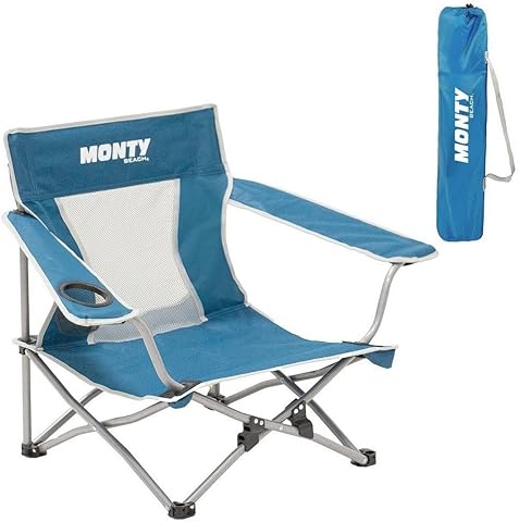 Silla playa y camping, plegable cierre tijera, estructura acero pintura Epoxi anticorrosión, y tejido Oxford 600 D azul, respaldo malla transpirable, portavasos , bolsa transporte y reposabrazos