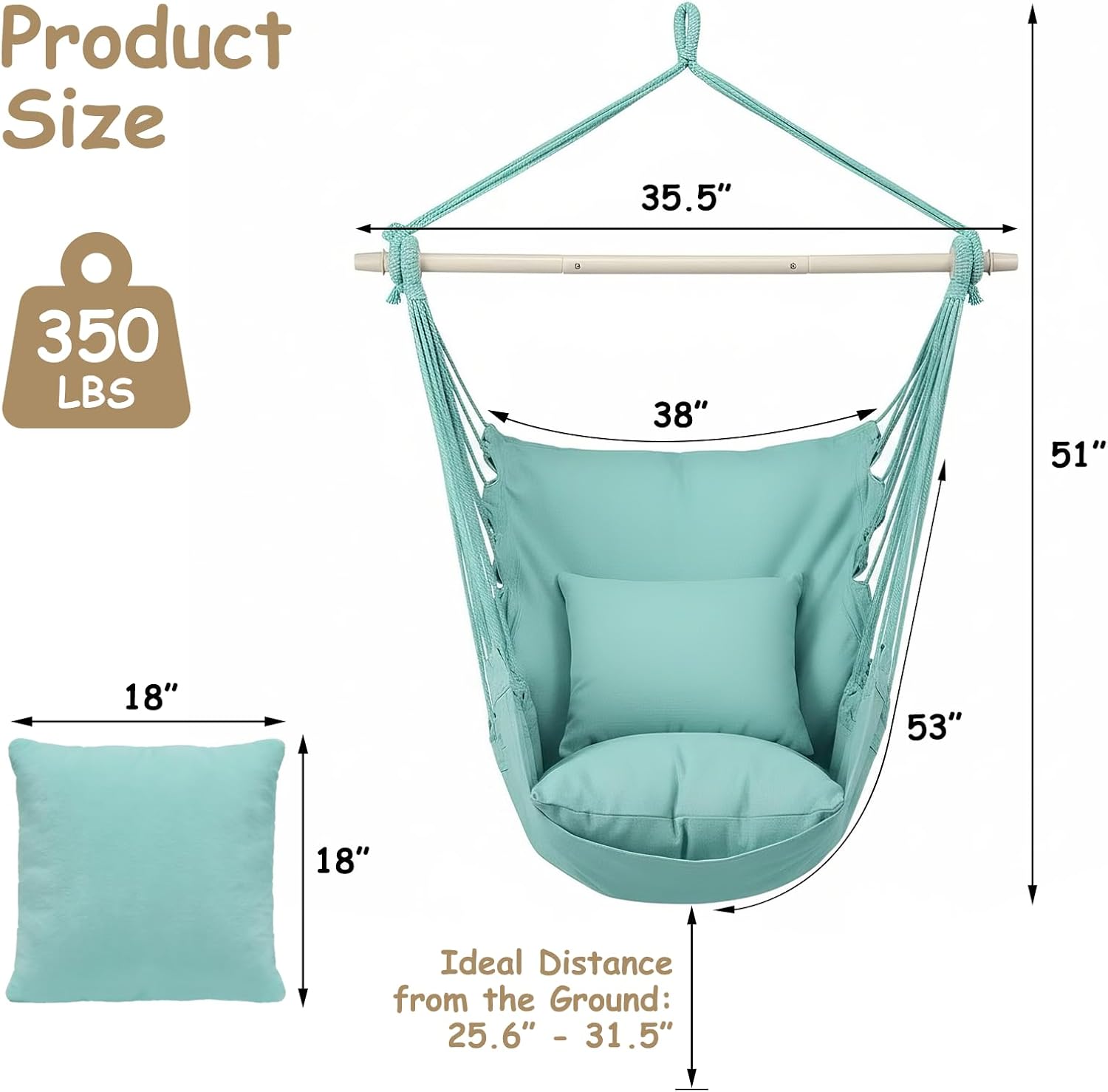 Athena Collection Hammock Chair Hanging Rope Swing Chair with 2 Cushions, Max 350 Lbs, Hanging Macrame Chair with Anti-Slip Grooves Spreader Bar and Pocket for Outdoor Indoor Patio Yard, Green - Image 2