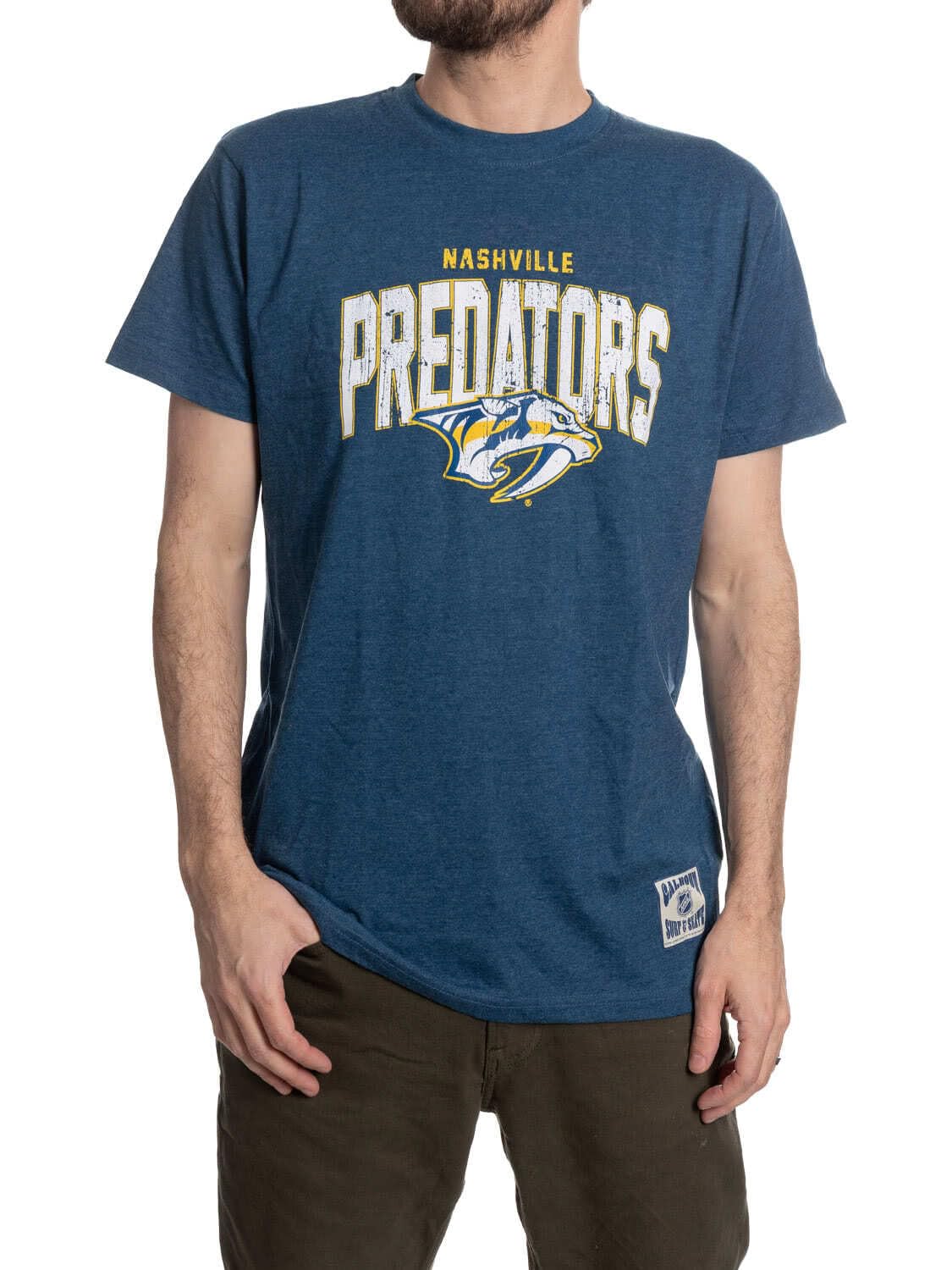 Calhoun NHL Surf & Skate Mens Vintage Style Distressed Heather Tone Rustic T-Shirt, Nashville Predators, Medium