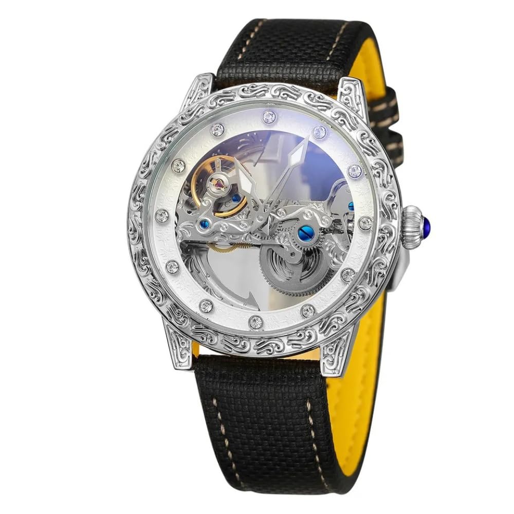 Reloj mecánico automático para hombre, esqueleto de lujo con diseño de diamante, luminoso, impermeable, correa de piel