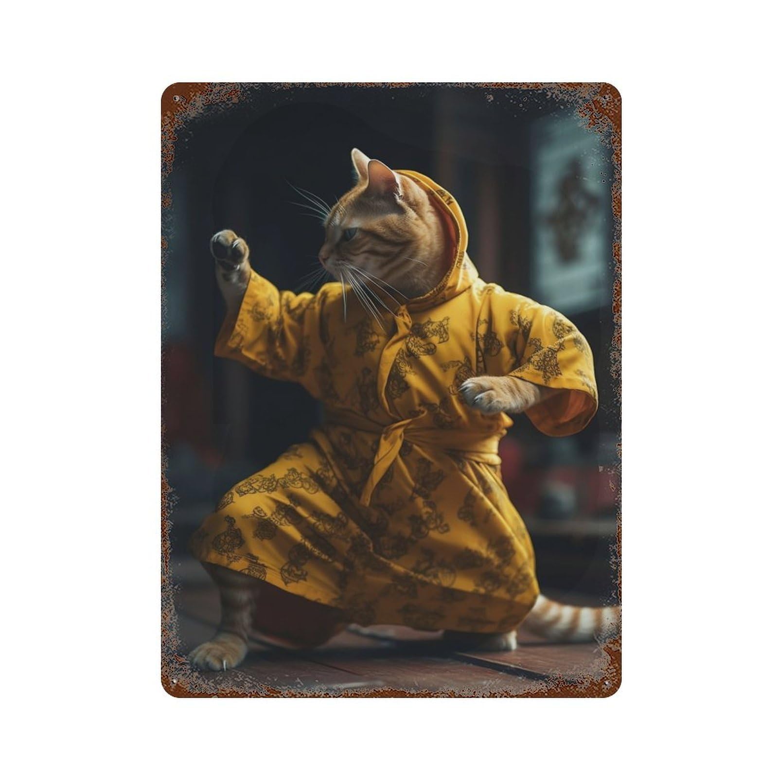 Rusty Metal Tin Sign Martial Arts Karate Cat 15.7"x11.8", Classic Wall Plaque for Cafe, Home Bar And Lounge Decor