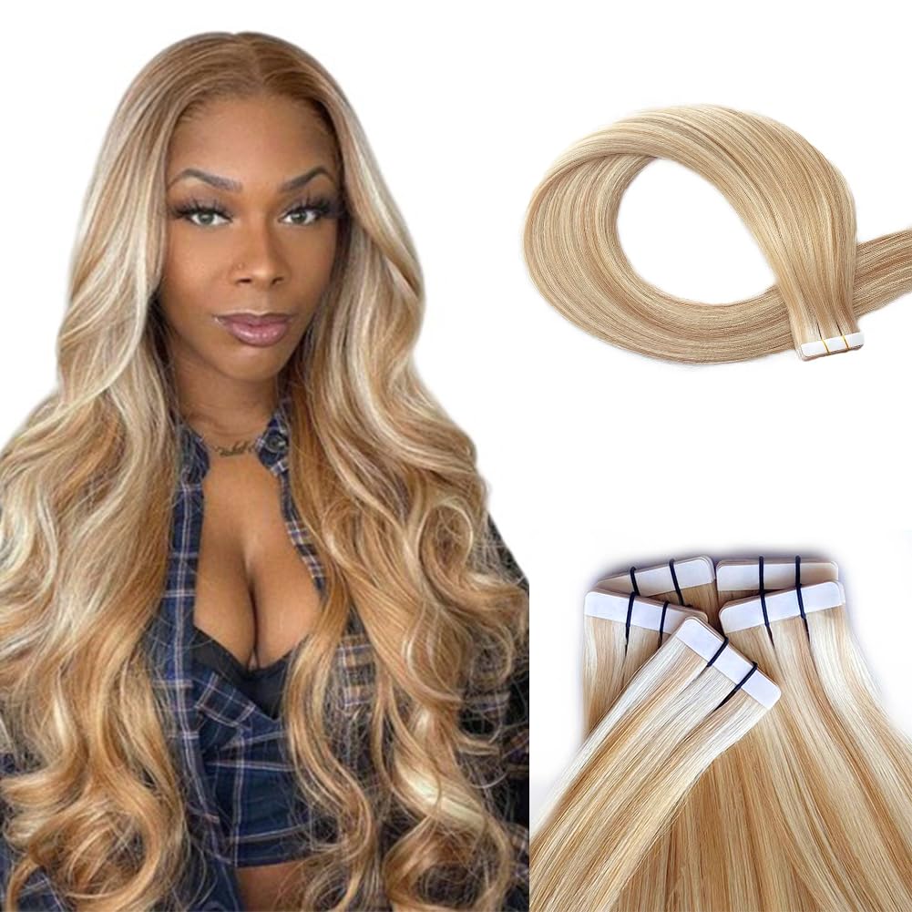 Nastro Nelle Estensioni Dei Capelli P27-613 Biondo Miele Biondo Misto Dritto Pu Estensione Dei Capelli Umani 20 pezzi 50g/confezione 20 Pollici(51 cm)