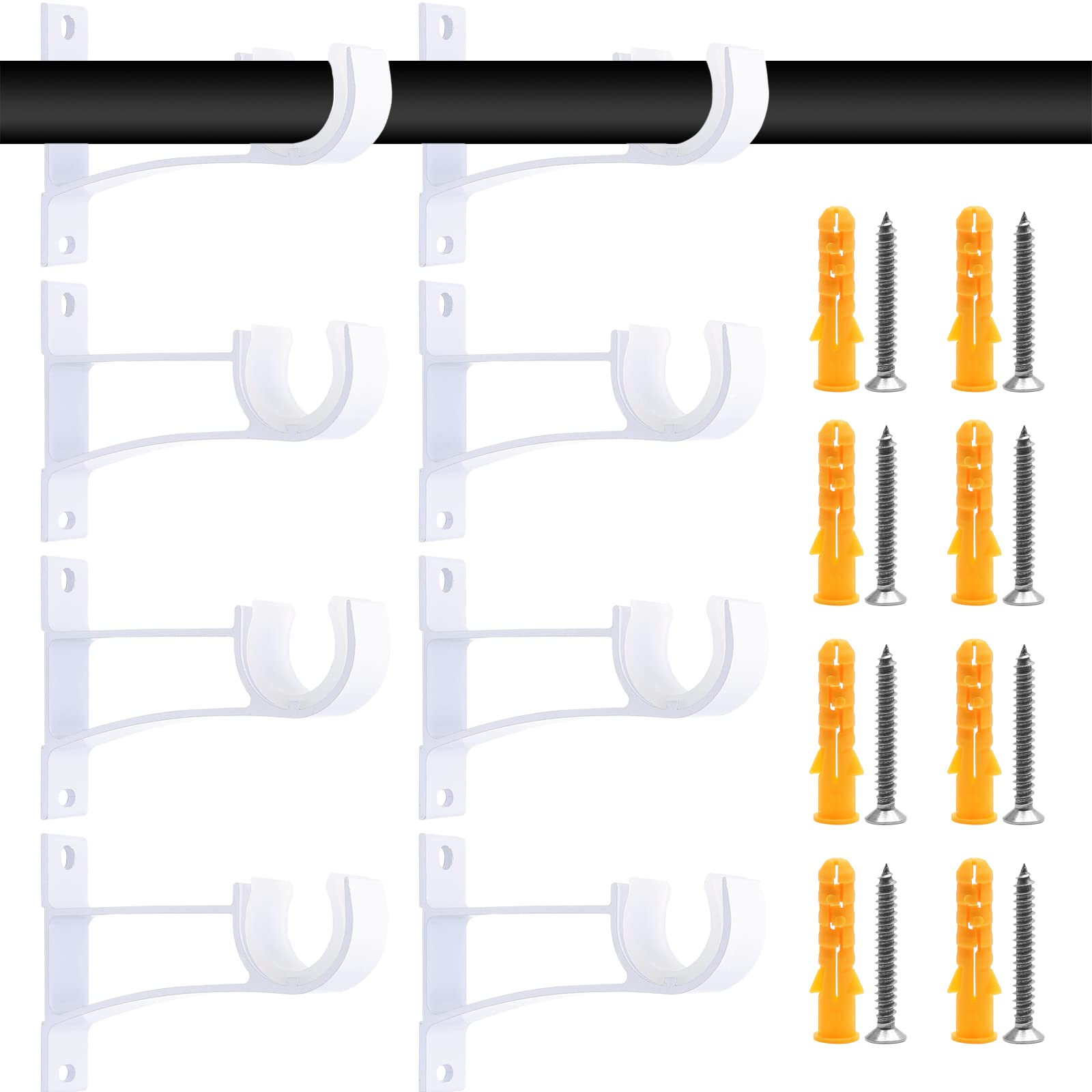 Rierdge 8 Pcs Sturdy Single Curtain Rod Brackets, Wall Mount Curtain Rod Holder Curtain for About 1 Inch Rod, Heavy Duty Curtain Rod Holder with Plastic Buckle, Aluminum Alloy (White)