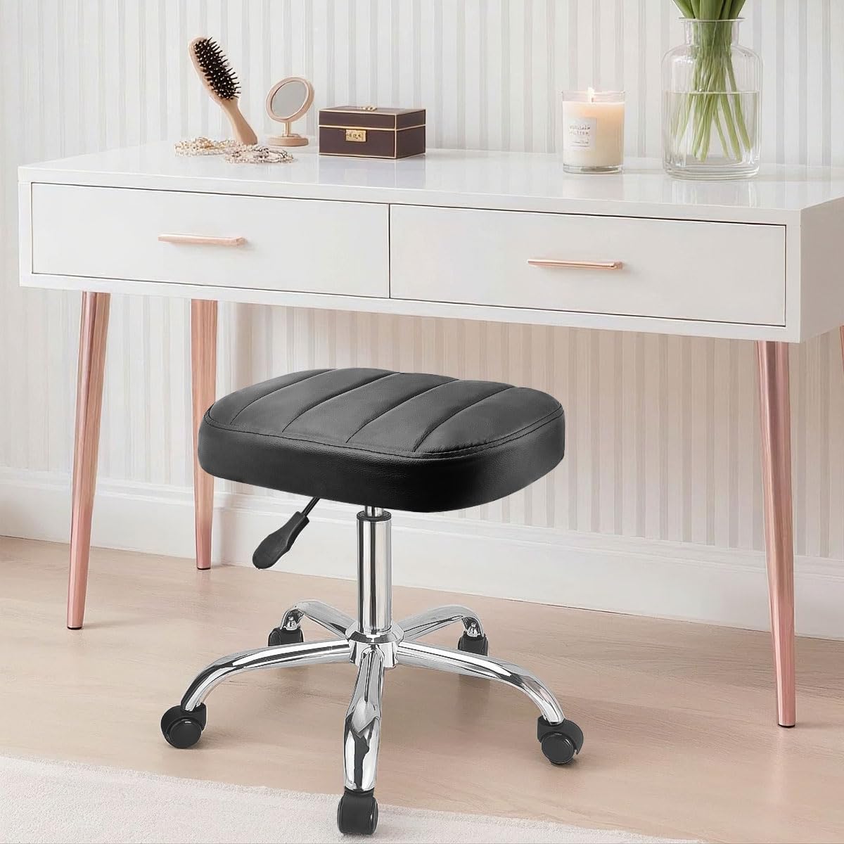 JOSTZHXIN Black Square Swivel Stool Height-Adjustable Rolling Chair, Rolling Stool for Work SPA Shop Massage, Office Tattoo Spa Shop Chair