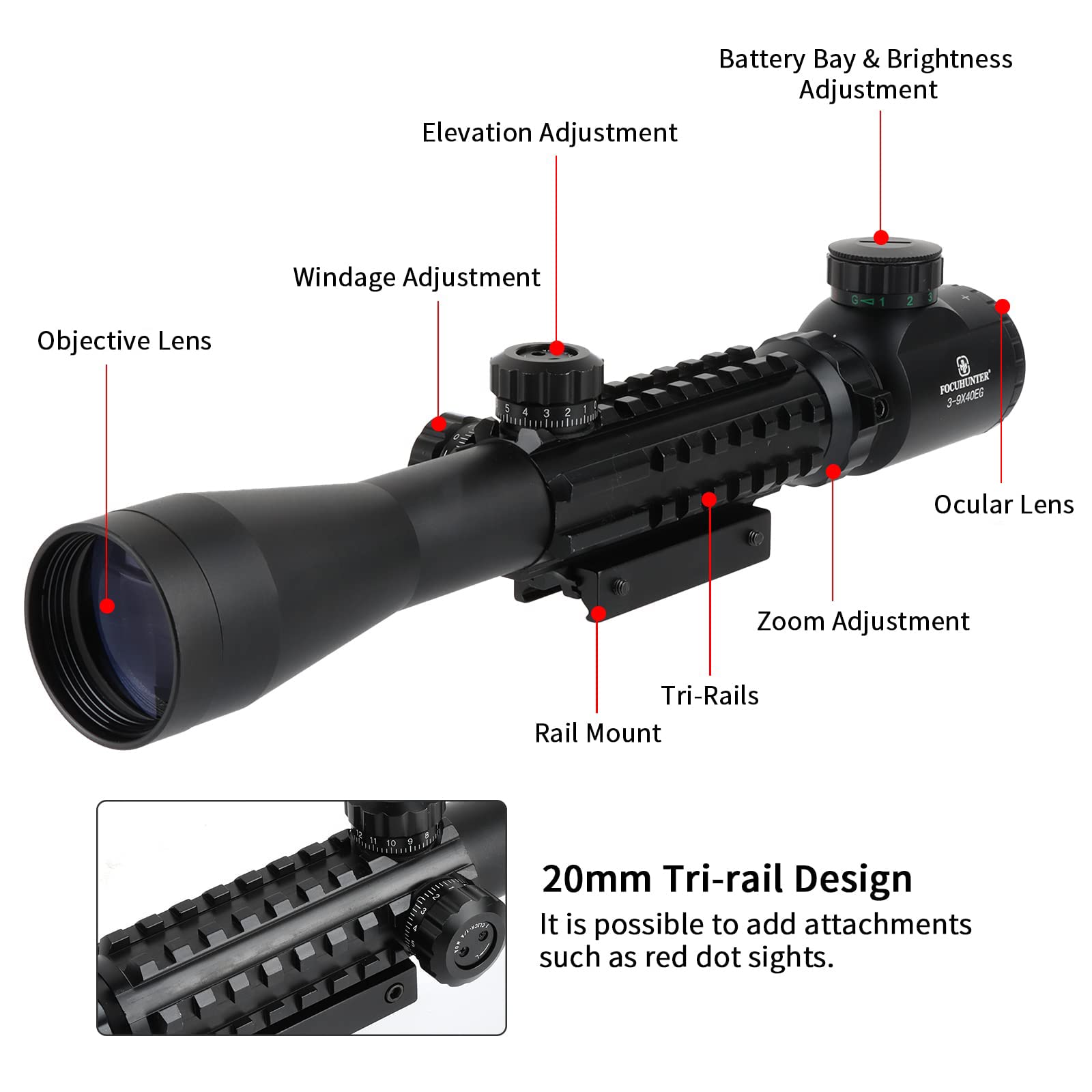 FOCUHUNTER Mirino 3-9x40mm Tactical – Impermeabile E Antiurto Per Caccia, Con Supporti Weaver/Picatinny Inclusi