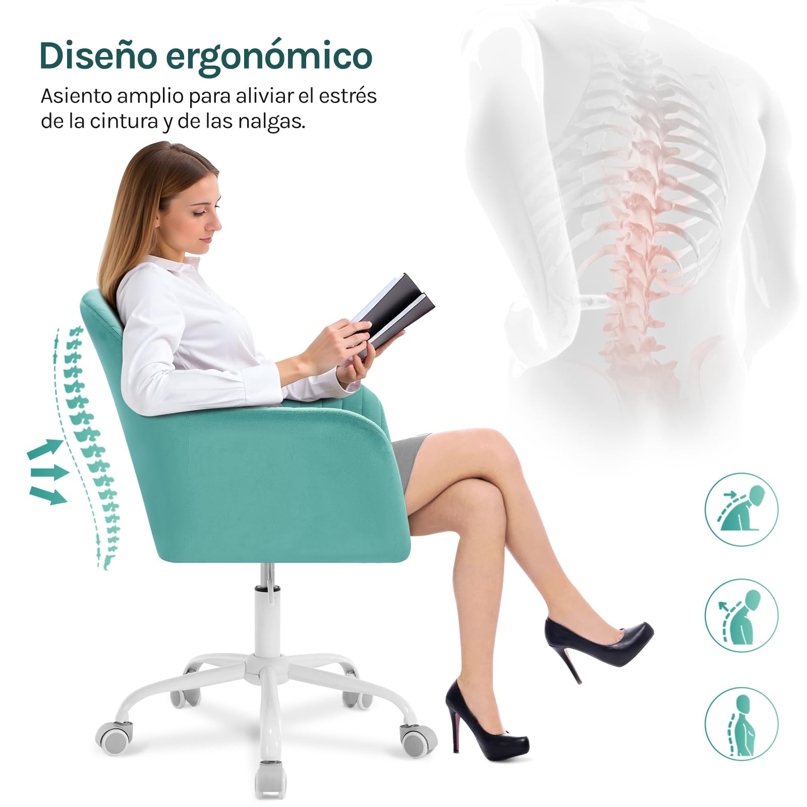 WOLTU Silla de Oficina en Casa, Silla Giratoria, Terciopelo, Turquesa | Giratoria con Ruedas, con Respaldo Ancho y Asiento Amplio, Altura Ajustable