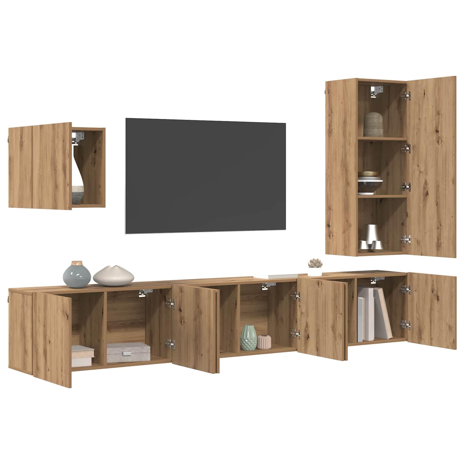 vidaXL TV Wall Unit Wall-mounted 5 pcs Artisan Oak Engineered Wood, Living Room, Modern Entertainment Center, Wall-Mounted Unit, Rectangular Media Storage, Organizational Furniture Solution