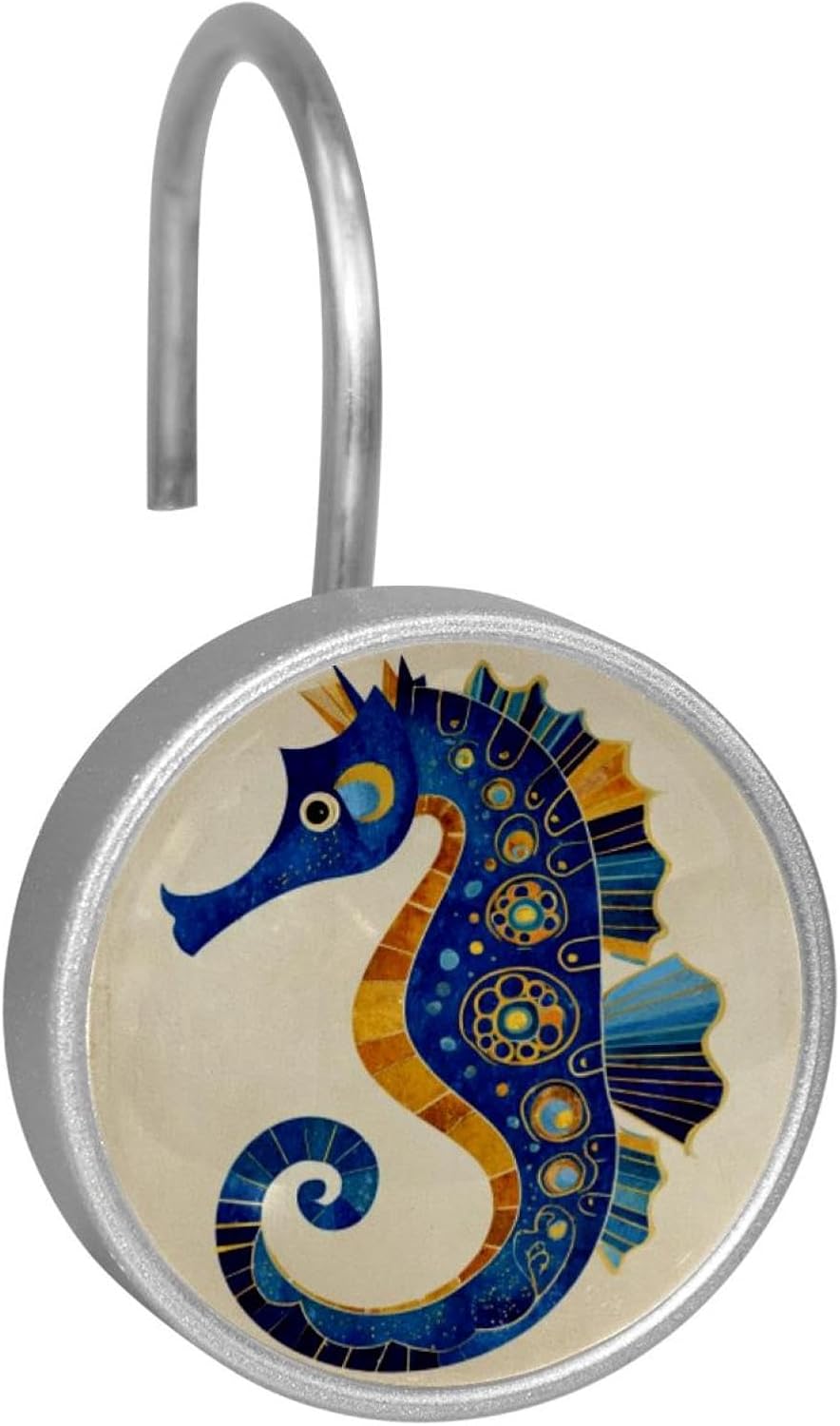 Retro Seahorse Round Crystal Glass Decorative Shower Curtain Hooks with 3D Pattern Visual, Rust Proof Shower Curtain Rings-12 Pack