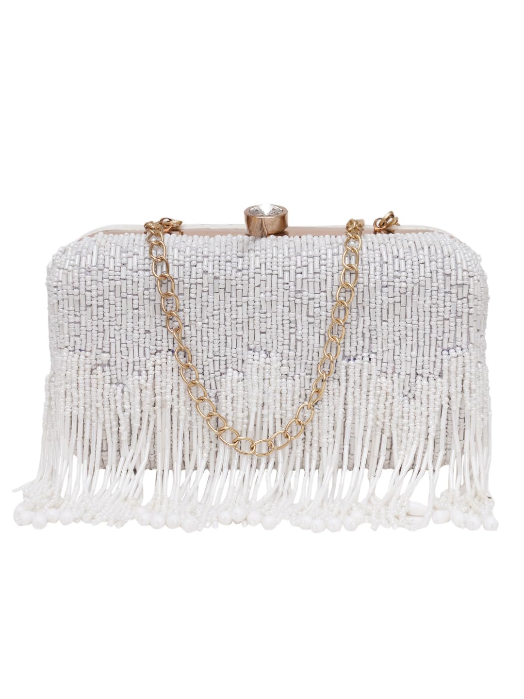 fabbhue Women's White Fringess Hand Embroidered Party/wedding/Ethnic Box Clutch Bag Frame Purse with Shoulder Chain Strap-picture-28