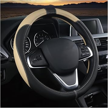 BESULEN 15 Inch Steering Wheel Cover Soft Leather Protector Black/Beige | Comfortable touch, sweat-absorbent surface, rubber inner ring, textured grip design, fits most cars, SUVs, and trucks