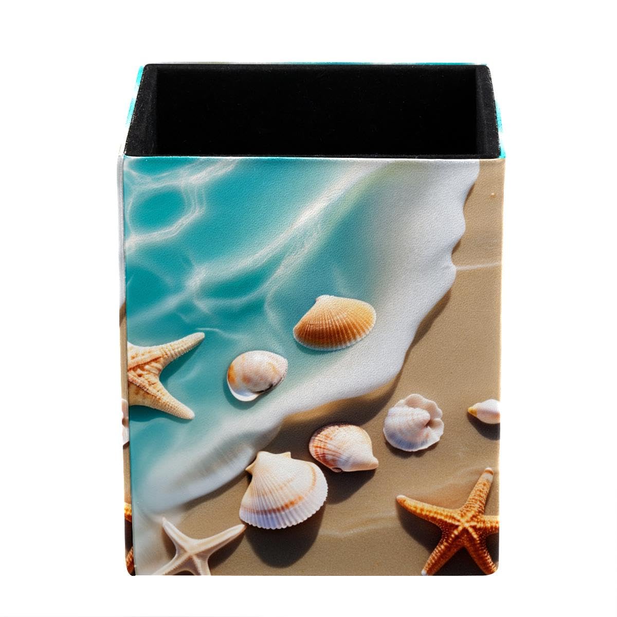 Beach Starfish Seashell Pen Holder Pen Pot, Square Pencil Cup for Desk