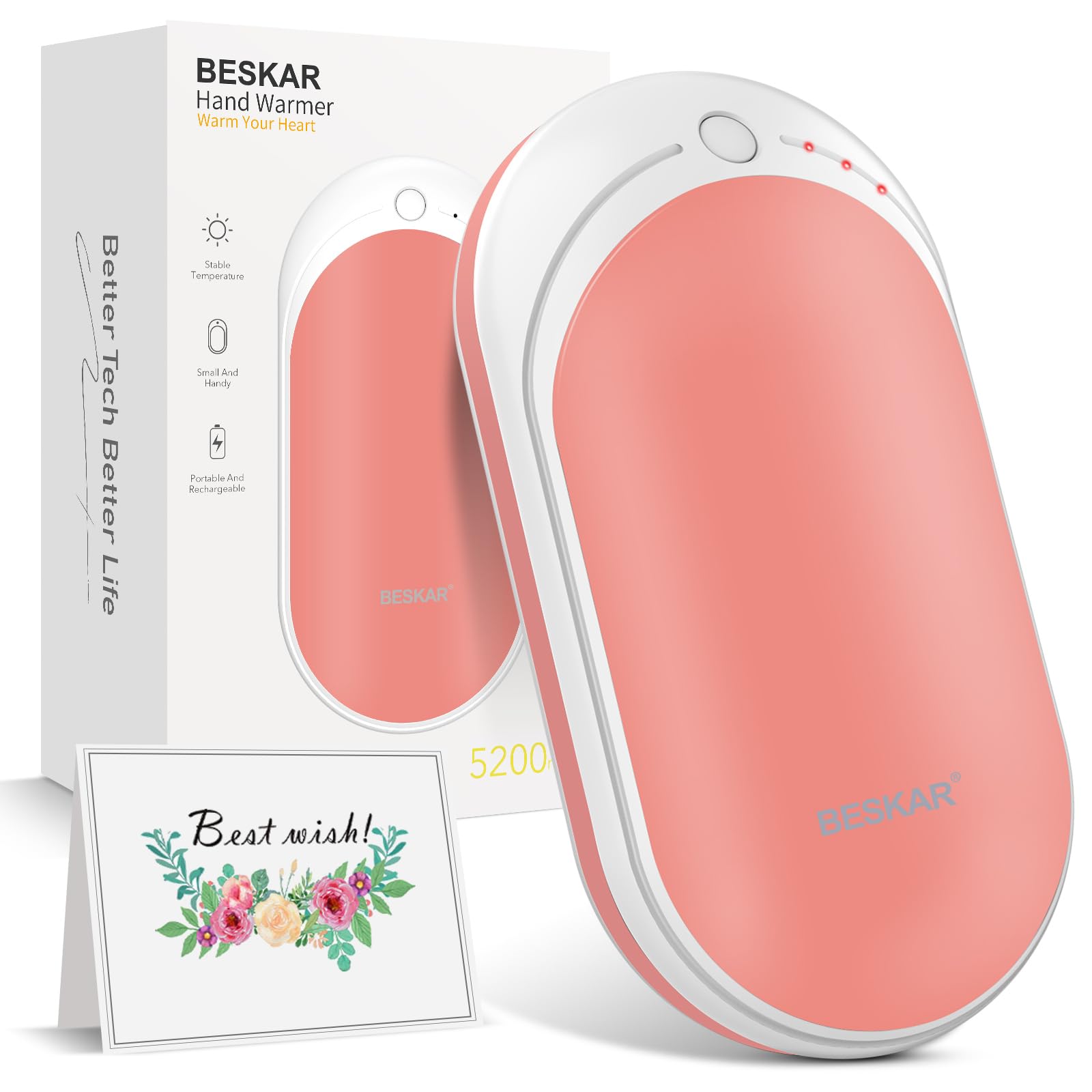 BESKAR Rechargeable Hand Warmer 5200mAh Electric Hand Heater Double-Sided Heating USB Quick Charge Portable Pocket Hand Warmer for