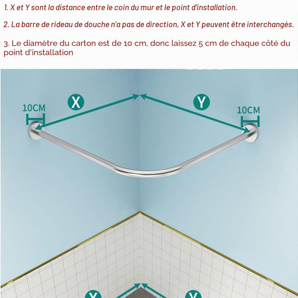 Tringle de Douche en L en Acier Inoxydable 304, Barre Rideau de Douche d’Angle Ajustable, Installation Sans/Avec Perçage, pour Salle de Bain, 75–95 cm x 75–95 cm