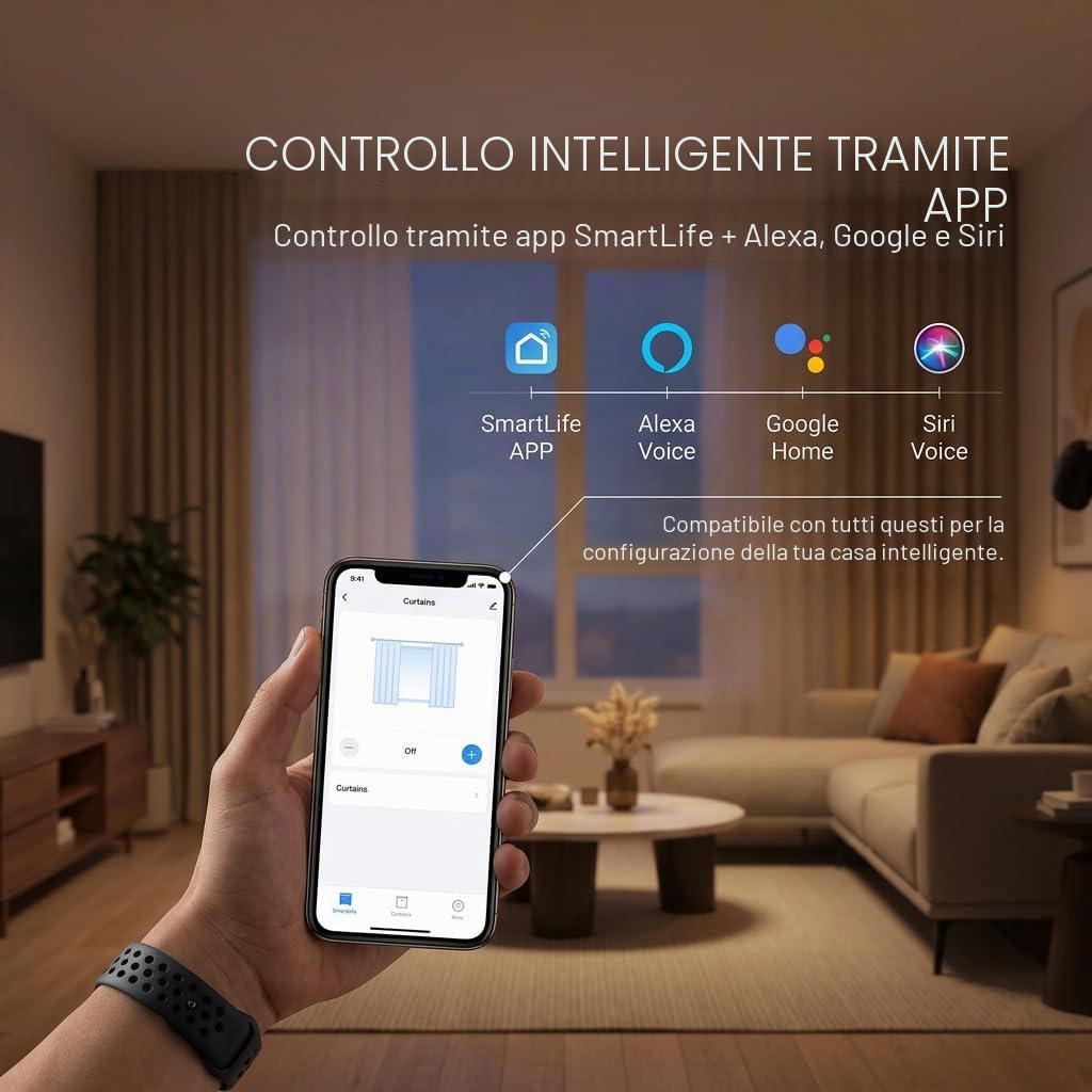 Quoya QL600 Binario elettrico intelligente per tende, motore motorizzato, lunghezza del binario regolabile, compatibile con Alexa, Google, Siri, Apple Watch (QL600, fino a 3 metri)