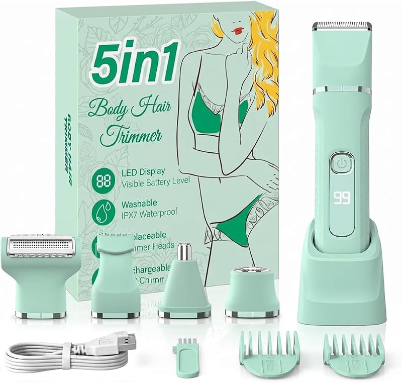Aparador elétrico feminino KINGTEE 5 em 1, IPX7, recarregável via USB-C, verde, com base de carregamento