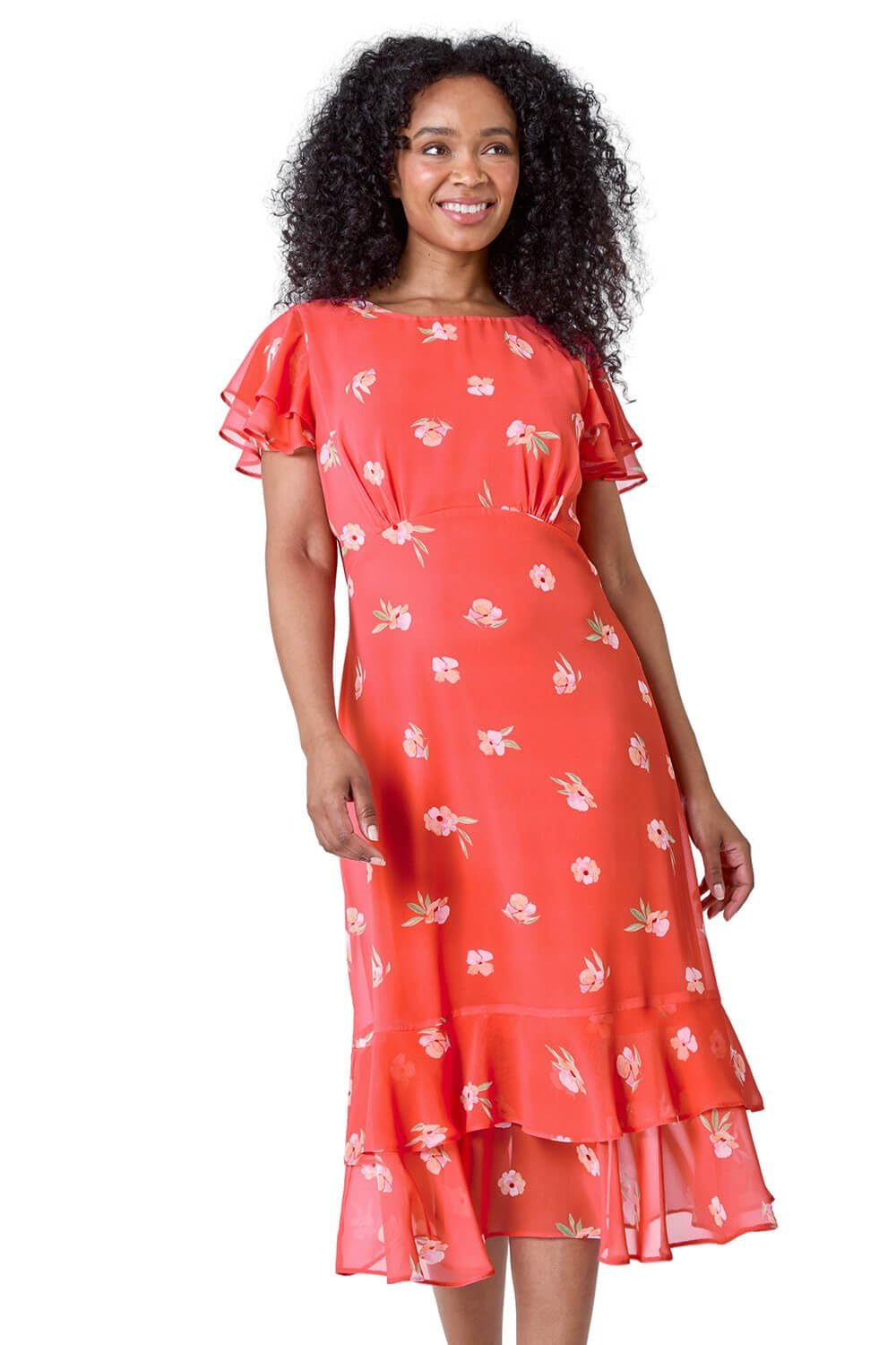 Roman Petite Floral Frill Tiered Midi Dress for Women UK - Ladies Everyday Holiday Spring Summer Round Neckline Comfy Soft Evening Vacation Work Party - Petite Coral - Size 12