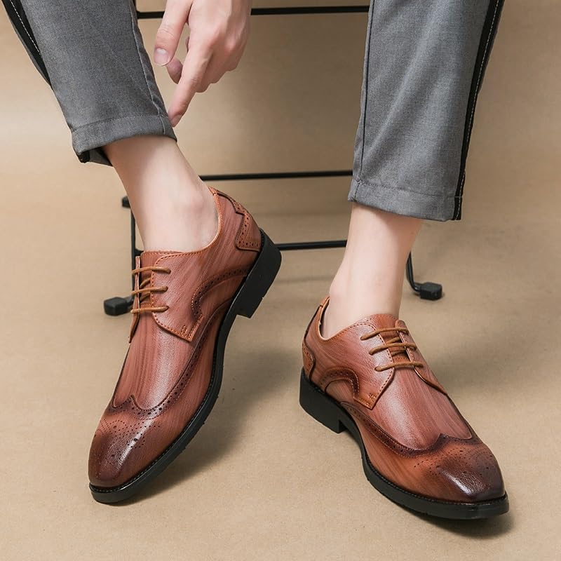 Dress Formal Shoes for Men Lace Up Square Toe Faux Leather Brogue Embossed Wing tip Derby Shoes Rubber Sole Non Slip Anti-Slip Block Heel Wedding3