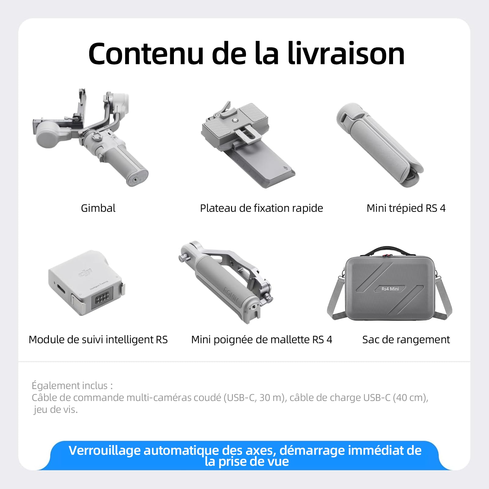 DJI RS 4 Mini Combo avec sacoche portable, stabilisateur de cardan pour appareil photo Canon/Sony/Panasonic/Nikon/Fujifilm, verrouillage automatique des axes, capacité de charge 2 kg, cardan pour