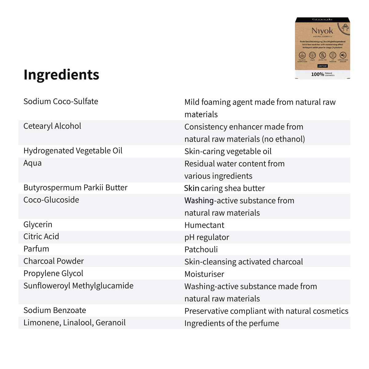 Niyok Natural Cosmetics Solid Moisturizing Face Wash Bar, For Normal to Sensitive Skin, Patchouli Scent, 80g