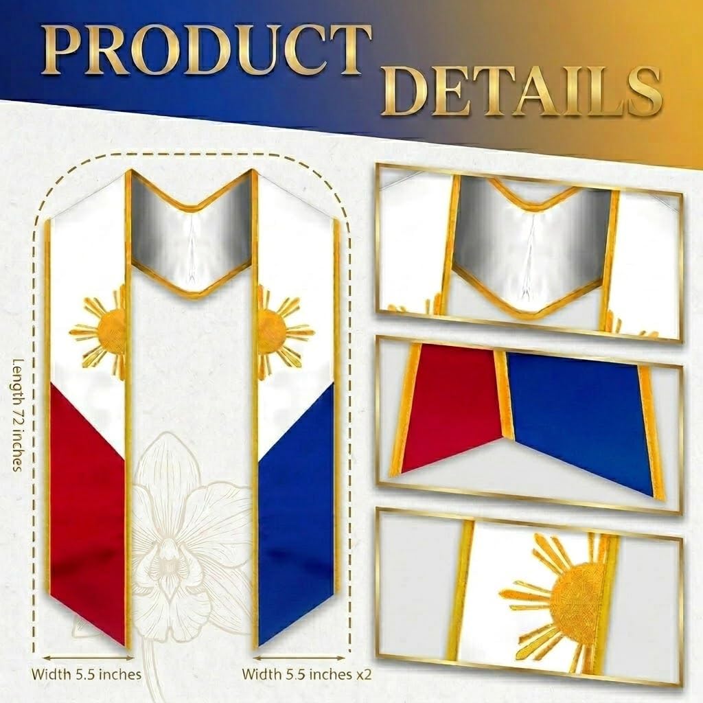 ORNING Philippines Graduation Stole with Trim Filipino Embroidered Sash with National Flag for 2026 in Philippine Heritage