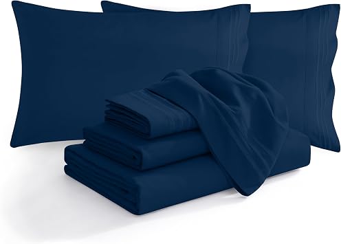 Elegant Comfort Luxury Soft 1500 Premium Hotel Quality Microfiber Wrinkle and Fade Resistant Cozy 6-Piece Bedding Set, Easy All Around Elastic Fitted Sheet, Deep Pocket, King, Navy Blue