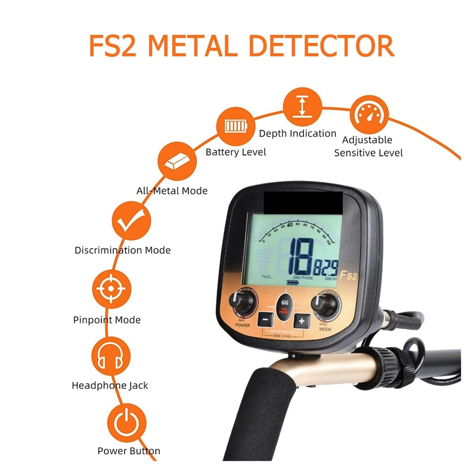 Wykrywacz metalu, Wykrywacz metali FS2 Wysoka czułość Wyszukiwarka skarbów Precyzyjny lokalizator Wodoodporne wyszukiwanie 11 ''cewka i 5'' cewka Złoty wykrywacz