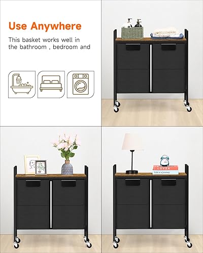 Miniatura 5 de MOOACE Cesta de lavandería con estante, organizador de 2 secciones, carrito clasificador de ropa sucia con ruedas enrollables y bloqueables,