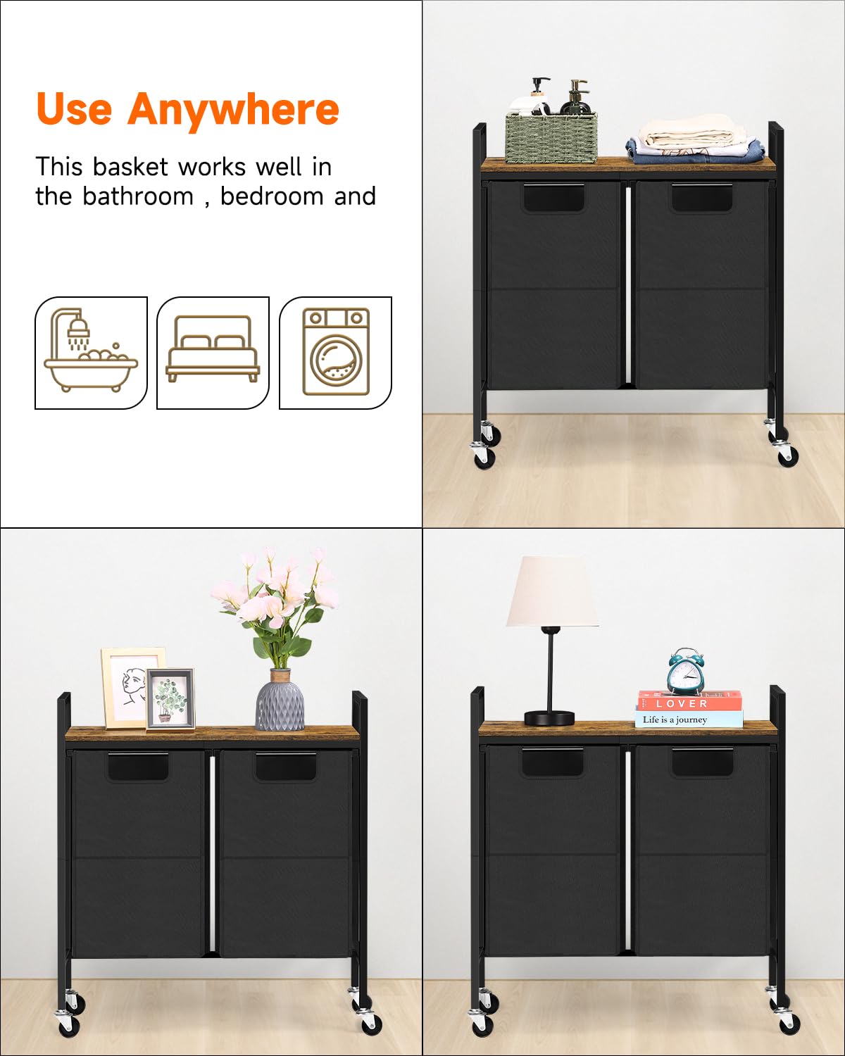 MOOACE Laundry Hamper with Shelf, Laundry Basket Organizer 2 Section, Laundry Sorter Cart with Heavy Duty Rolling Lockable Wheels, Cloest Storage and Removable Bags for Dirty Clothes Storage, Brown