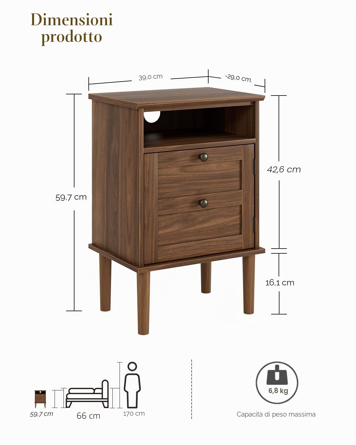 HEYZOEY Comodino in noce, tavolino da caffè, comodino, tavolino boho con 1 cassetto e 1 spazio aperto, contenitore per camera da letto, soggiorno, noce marrone