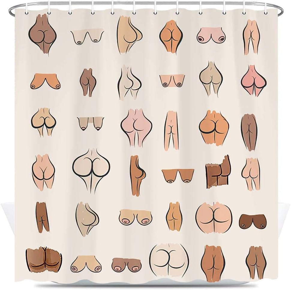 Funny Butt Shower Curtain, Fun Butt Sexy Hilarious Boobs Fabric Shower Curtains Set, White Restroom Art Decor Accessories Waterproof with Hooks 69x78 inch