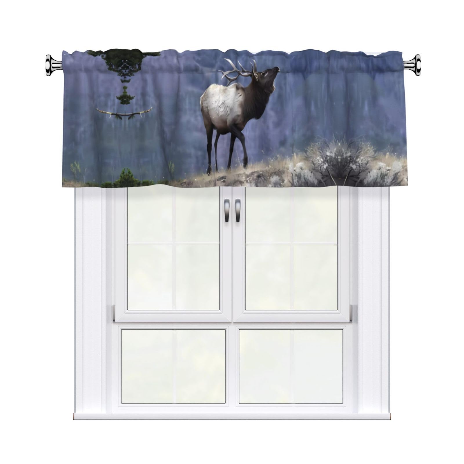 HJFCZH WHJSSF Bull Elk Prints 54x18in Curtain Valance - Peach Skin Polyester Kitchen Cover with Light Filtering Floral & 3" Rod Pocket