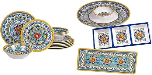 Certified International Portofino - Juego de vajilla de melamina de 12 piezas, servicio para 4, multicolor y Certified International Portofino -