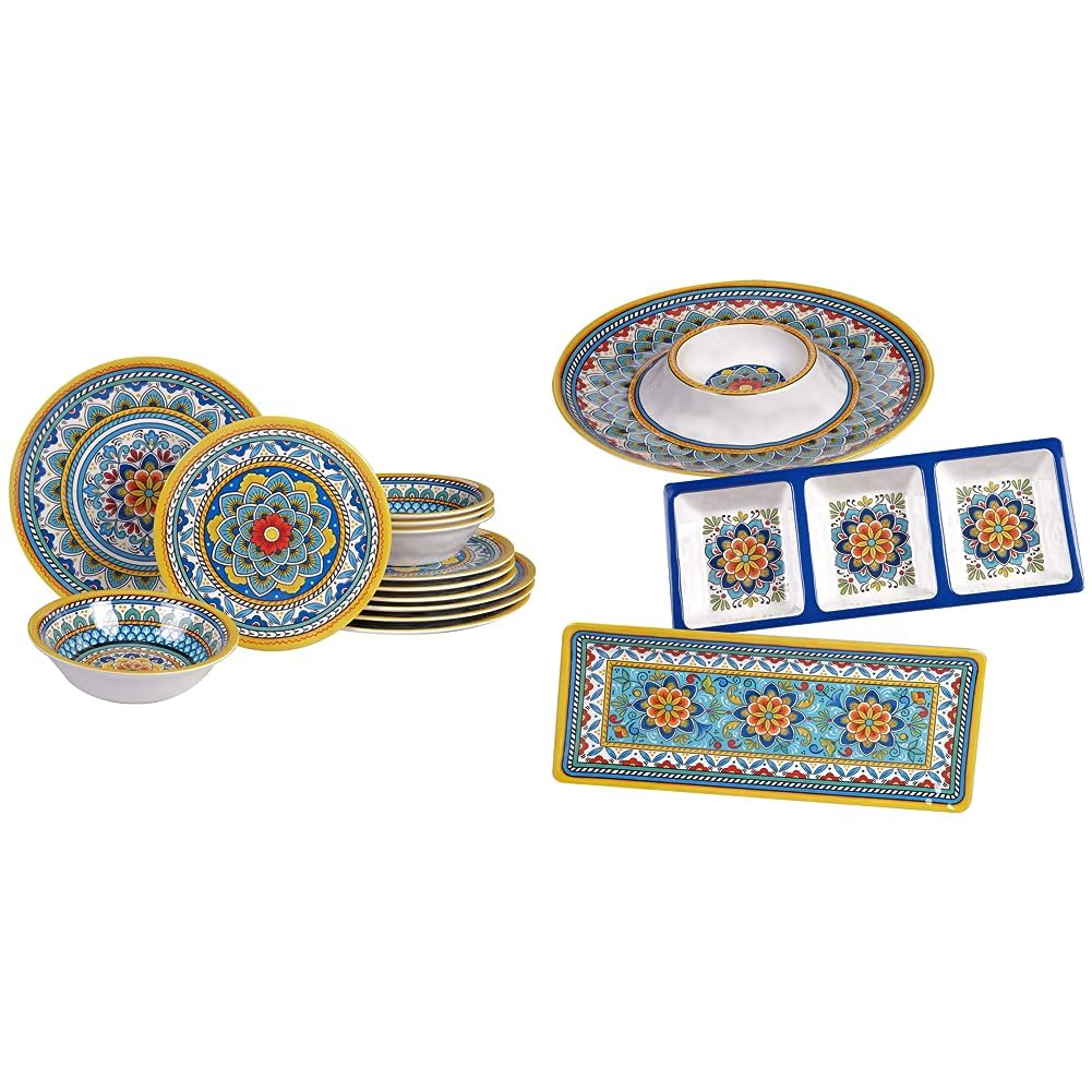 Certified International Portofino 12 Piece Melamine Dinnerware Set, Service for 4, Multi Colored and Certified International Portofino Melamine Hostess Set, Multi Colored, Large Bundle