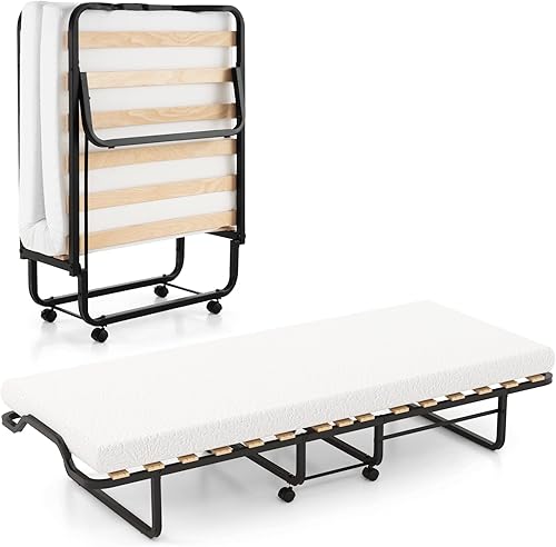 KOMFOTT Cama plegable con colchón de espuma viscoelástica de 4 pulgadas, cama plegable para invitados con marco de acero resistente, cuna portátil