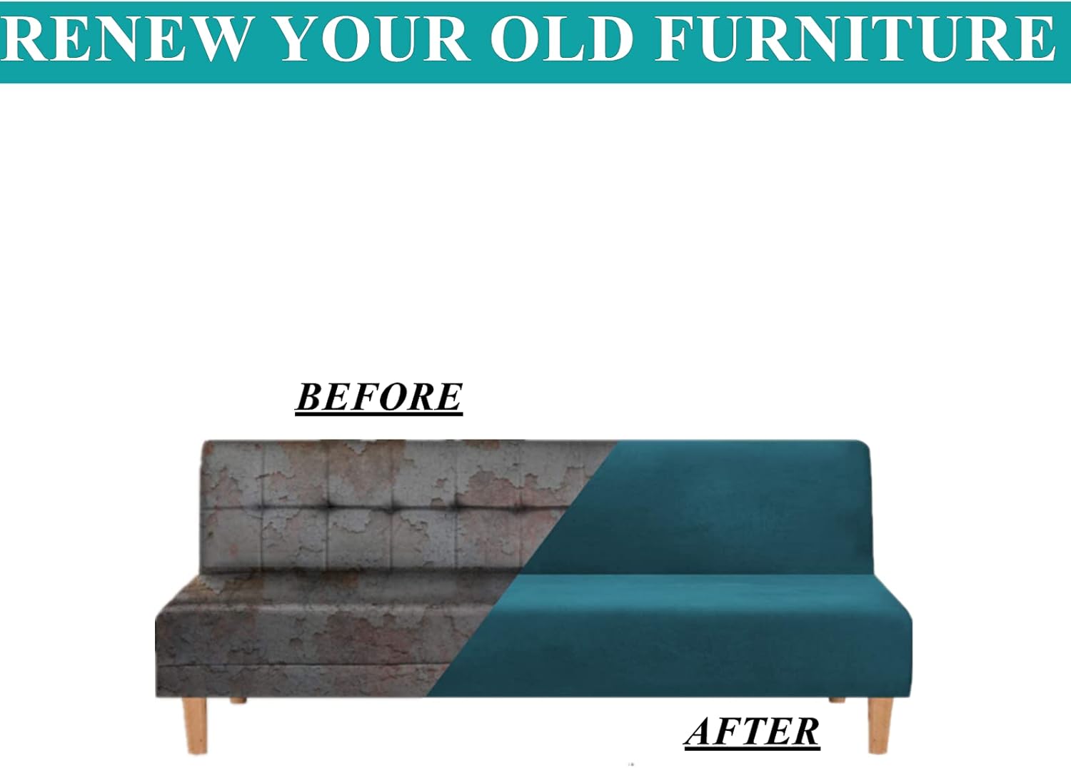 Real Velvet Futon Cover - Stretch Armless Sofa Slipcover, Thick Soft Form-Fitted Couch Cover for Sofa Beds, Furniture Protector (Teal)