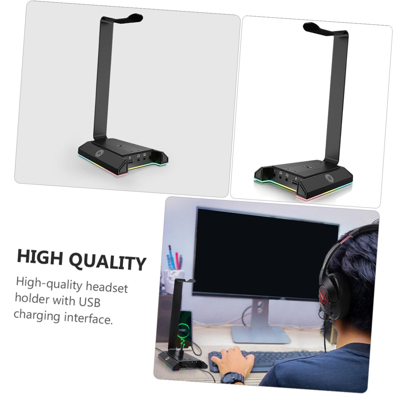 ABOOFAN Soporte para Auriculares de Sobremesa Negro Abs para Ordenador | USB Interfaz de Carga, Transmisión Inteligente, Diseño Rgb para Escritorio Gaming