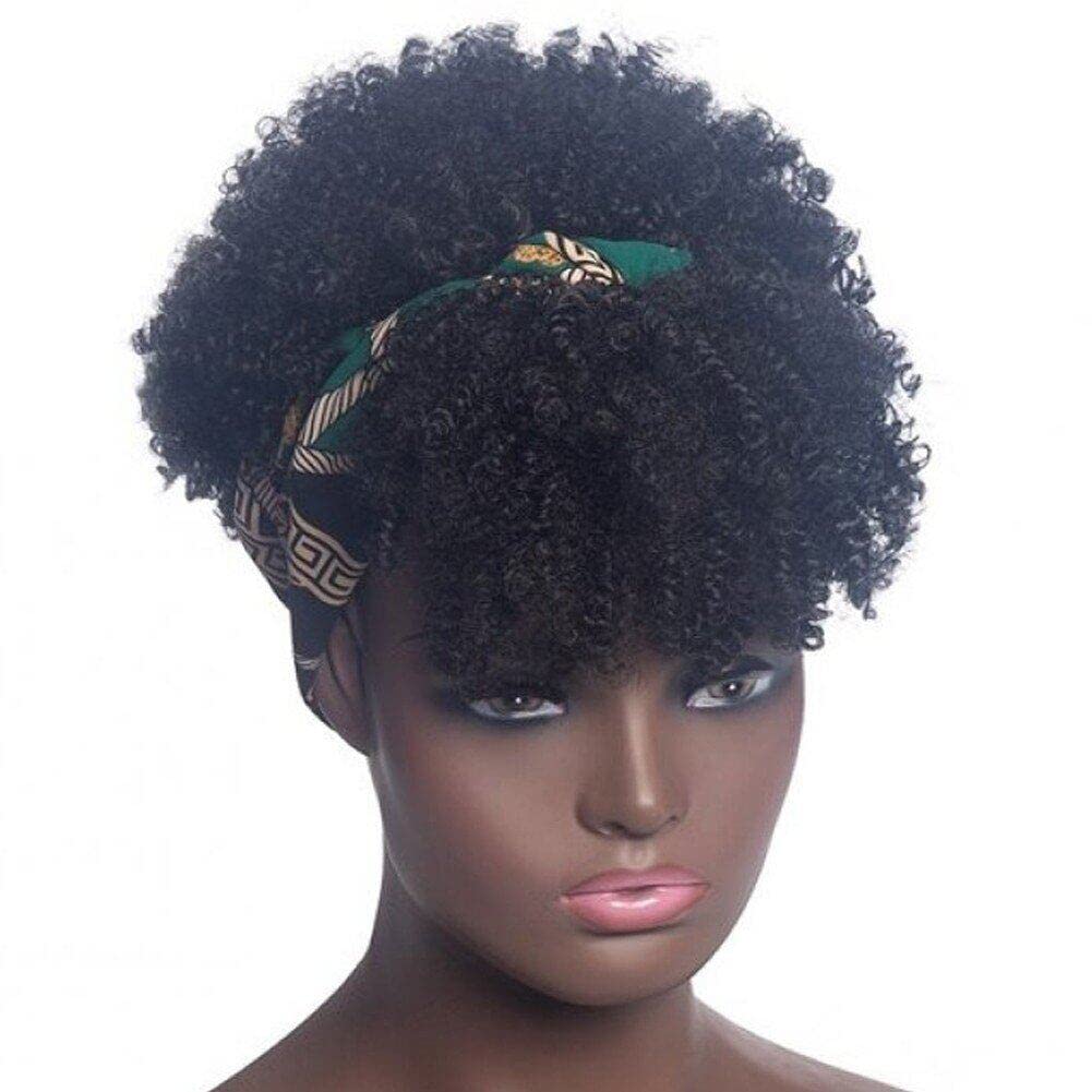 Fituenly Style1 Short Afro Kinky Curly Wigs With Bangs Wrap Headband Wigs 2 In 1 Synthetic Turban Wig Afro Scarf Wig 4Inch Natural Curly Cosplay Wig