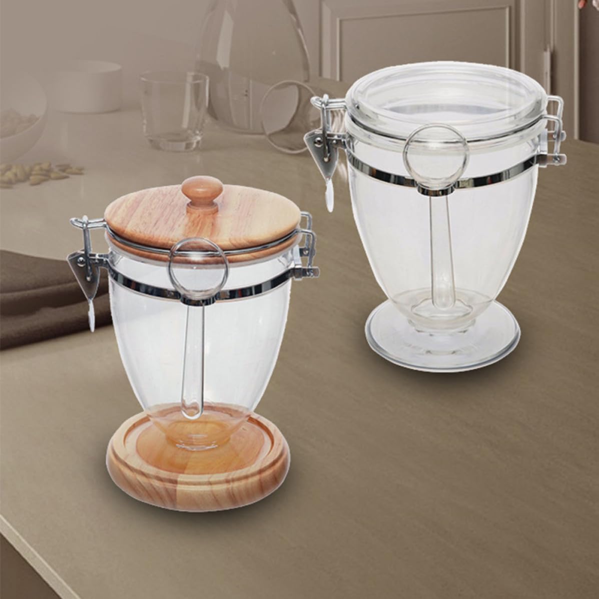 Luftdichtes Glas mit Griff, Transparentes Kaffeeglas aus Eiche und Metall | Tisch Teedose für Teebeutel und Losen Tee, Glatte Oberfläche, Glanz, Simple Form
