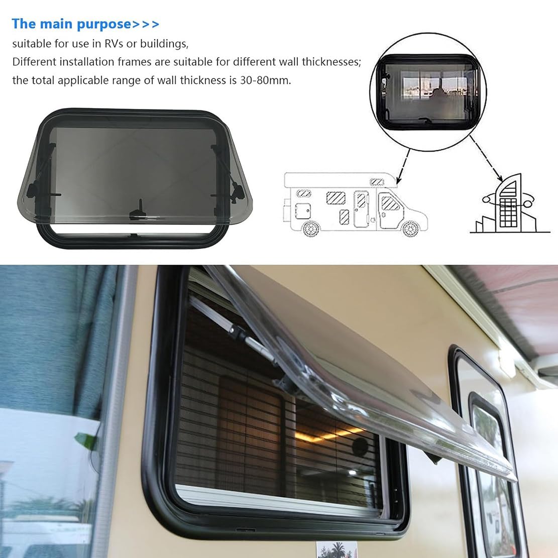 Okno Przyczepy Kempingowej Okno Boczne Okno Na Zawiasach Okno Samochodu Kempingowego Okno Push Dla Przyczepy Kempingowej Rv Van Camper, Okna Samochodu Kempingowego Dla Kampera 500 * 350mm