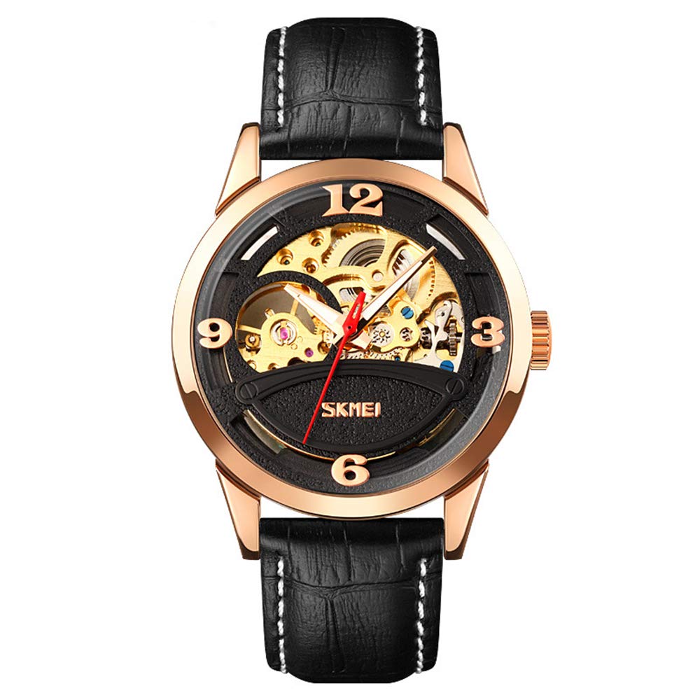 MASTOP Herren-Armbanduhr, automatisch, mechanisch, Skelett-Zifferblatt, wasserdicht, leuchtende Zeiger, Leder, analoge Armbanduhr