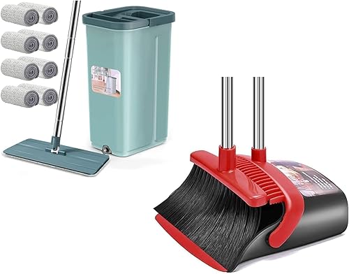 Miniatura 1 de Aifacay Juego de escoba y trapeador, juego de fregona y cubeta y escoba para limpieza del suelo del hogar con 8 almohadillas de microfibra de mango