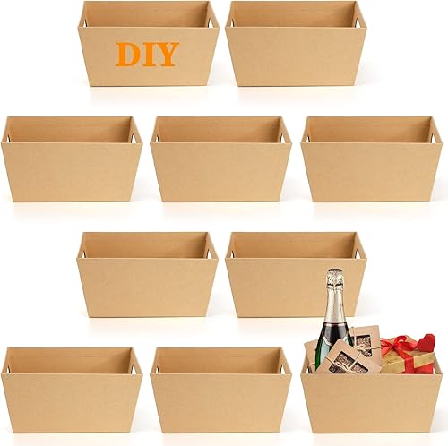 Miniatura 8 de DEAYOU Paquete de 10 cestas de regalo vacías, canastas de papel kraft de 10 x 8 pulgadas con asa, cestas de regalo de cartón de 5 libras, bandeja de