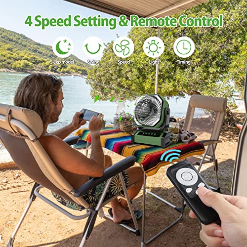 Addacc 20000Mah Rechargeable Floor Fan, Battery Operated Camping Fan With Light & Remote, 4 Speed Run Upto 60Hrs, 90° Auto Oscillating Portable Tent Fan For Outdoor Trip Rv Power Outage Shop Garage #TOP3