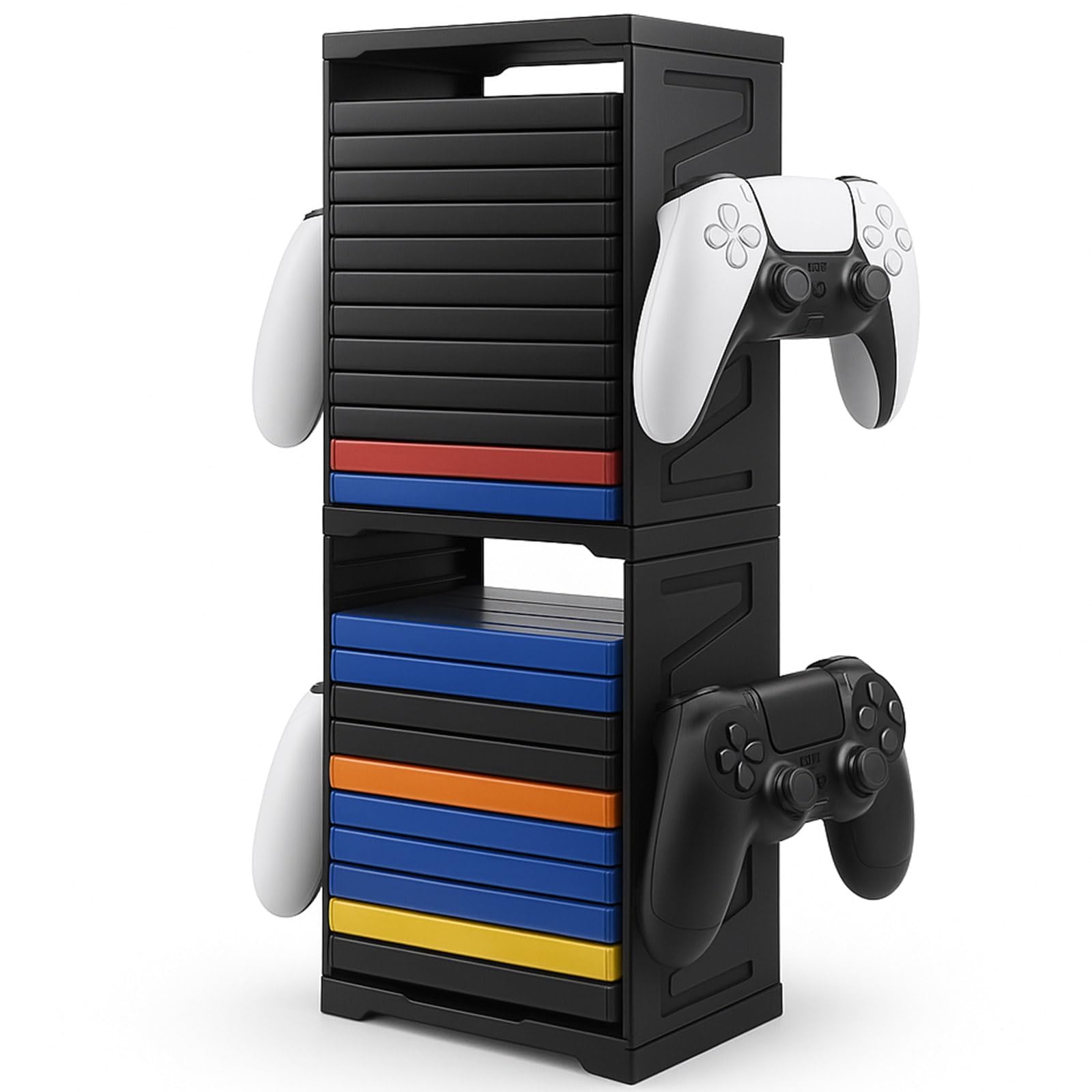Supporto a torre di archiviazione per giochi per PS5, PS4, Xbox Series X/S, Xbox One, Switch e dischi Blu-Ray - Rack organizer per 24 dischi con controller e ganci per cuffie, salvaspazio