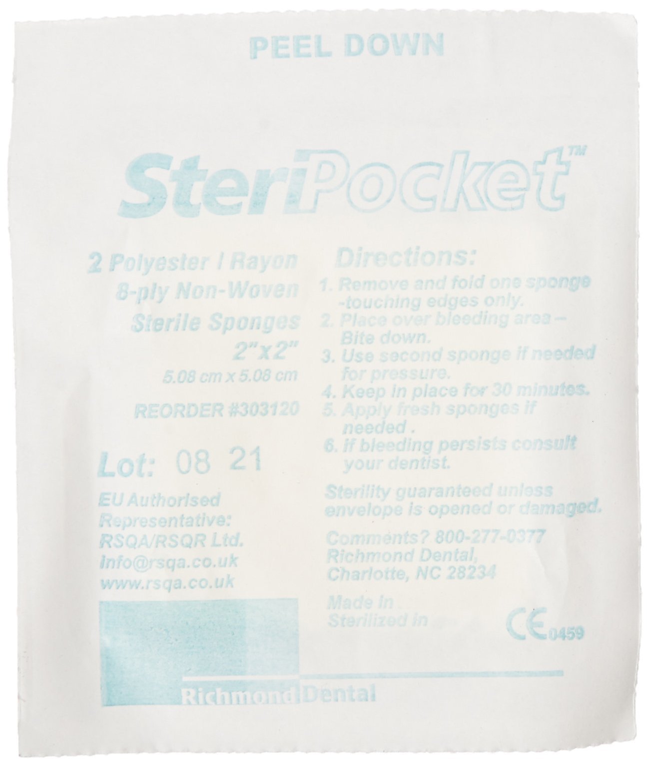 Richmond 303120 Steripocket Non-Woven Sponges, Sterile, 2 Rayon/Poly, 2