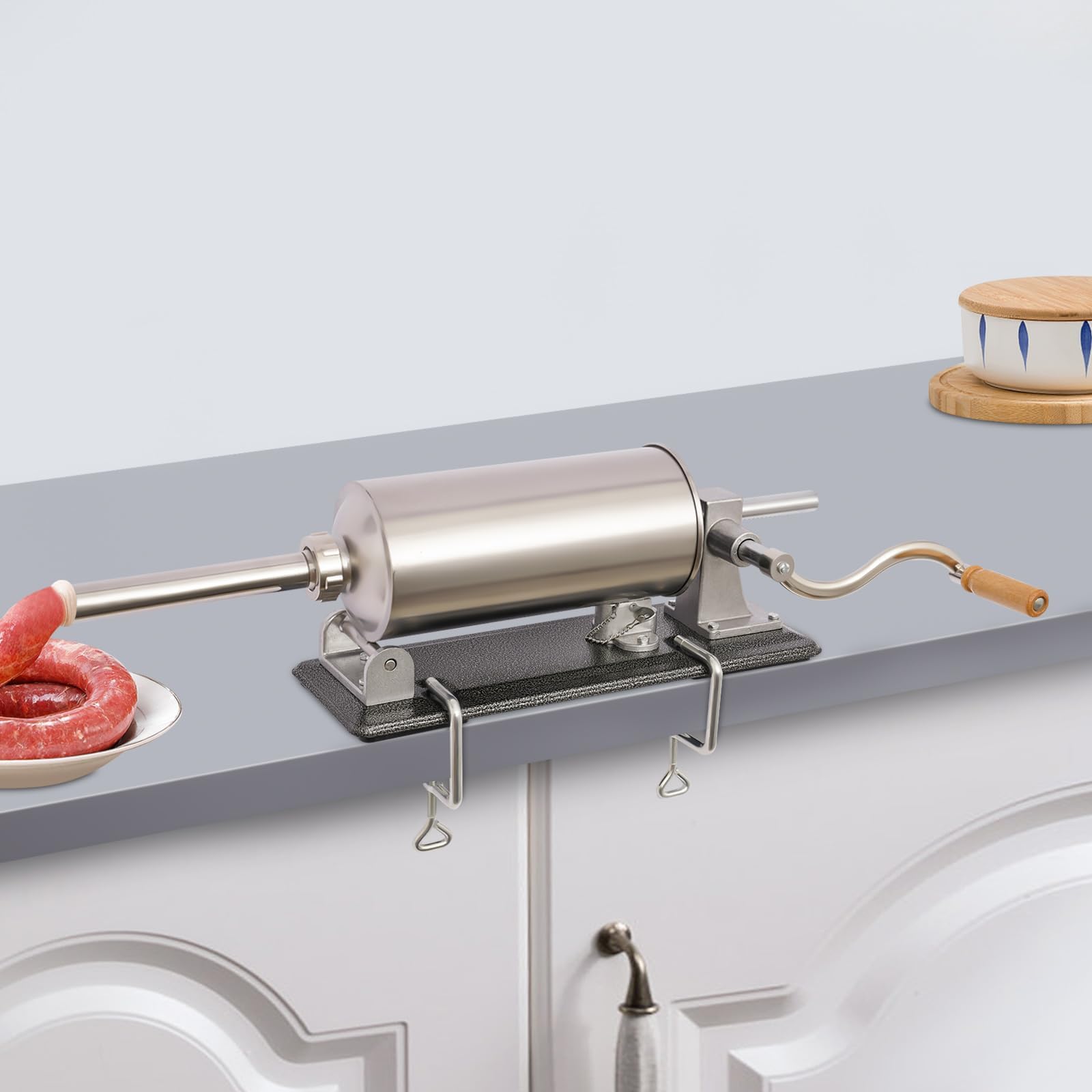 4 l manuale per salsicce, macchina per salsicce da cucina orizzontale in acciaio inox con 4 tubi in acciaio inox e 4 tubi di plastica, siringa per salsicce argento per fatti in casa