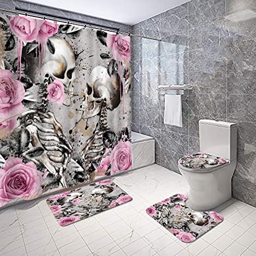 Ryounoart 4Pcs Skeleton Couple Bathroom Set Gothic Skull With Pink Flower Design Shower Curtain Romance Love Bath Curtain With Non-Slip Rugs Toilet Lid Cover And Bath Mat #TOP2