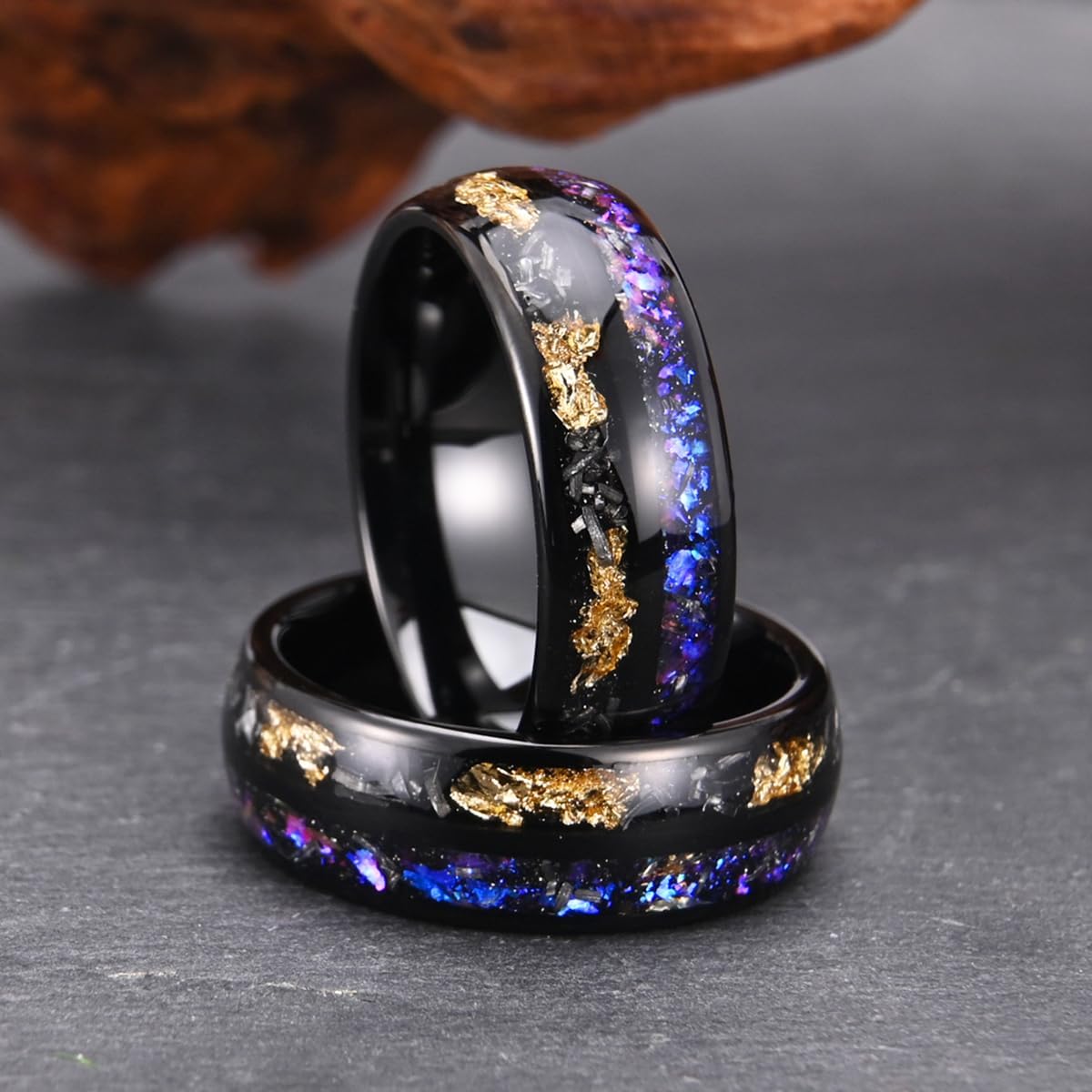 Tungsten Carbide Rings for Men Women 8mm Inlaid Nebula Opal and Gold Foil Men's Engagement Wedding Bands Fashion Luxury and High Polish